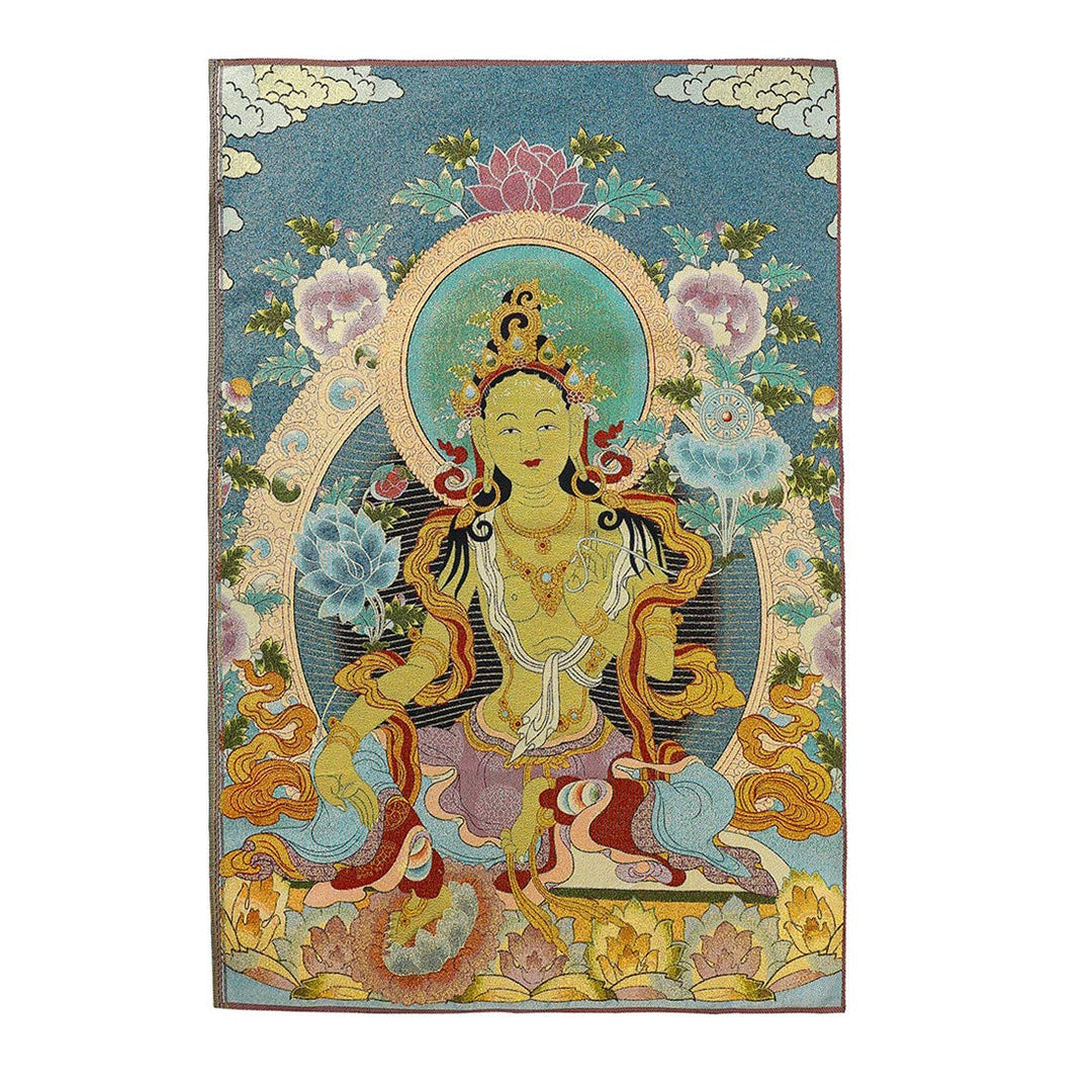 Silk Embroidery Tibetan Thangka with Buddhism Green Tara Wall Hanging for Home Décor Tapestry Meditation
