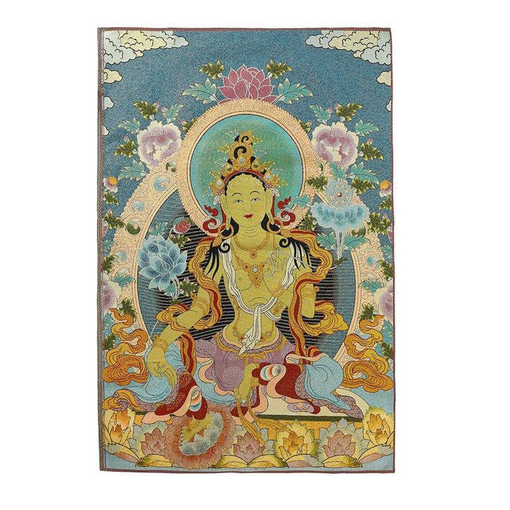 Silk Embroidery Tibetan Thangka with Buddhism Green Tara Wall Hanging for Home Décor Tapestry Meditation