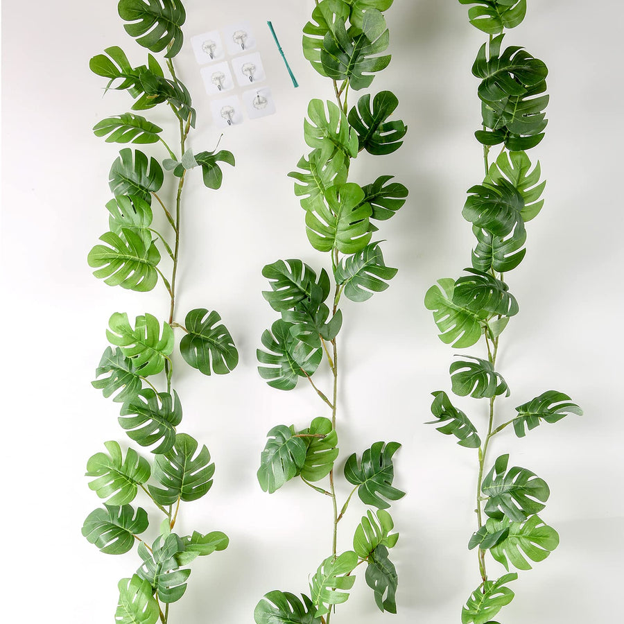 3 Pcs Artificial Monstera Leaf Vines, 5.7Ft Faux Tropical Jungle Hanging Plants Palm Safari Leaves, Faux Greenery Vines for Garden Porch Patio Beach Party Indoor Outdoor Décor