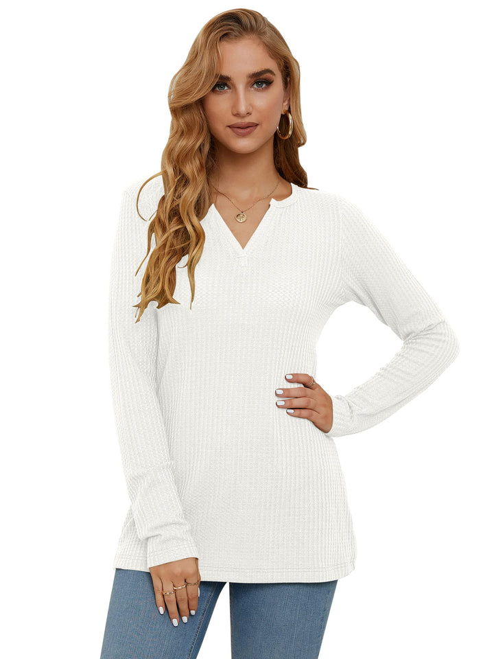 Women&#39;s Top Long Sleeve Waffle Knit V-Neck Solid Color Shirt White S