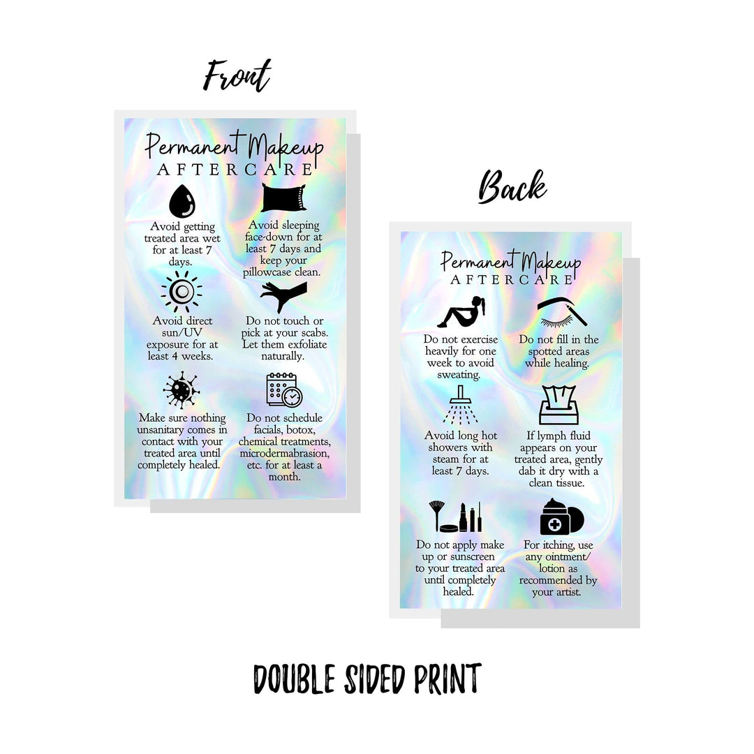 Permanent Makeup Aftercare Instructions Card | 50 Pack | 2x3.5 inches Business Card Size | PMU Non-Reflective Matte Holographic Look Design, rainbow, blue, black