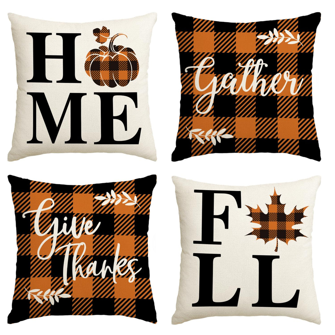Home Fall Buffalo Check Plaid Pumpkin Maple Leaf Throw Pillow Cover, 16 x 16 Inch Autumn Give Thanks Gather Farmhouse Cushion Case for Sofa Couch Set of 4