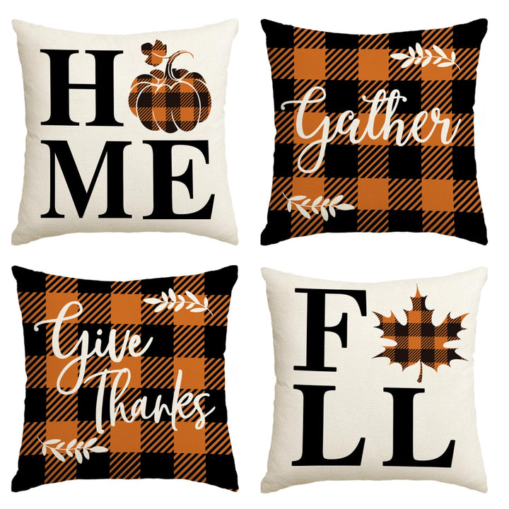 Home Fall Buffalo Check Plaid Pumpkin Maple Leaf Throw Pillow Cover, 16 x 16 Inch Autumn Give Thanks Gather Farmhouse Cushion Case for Sofa Couch Set of 4