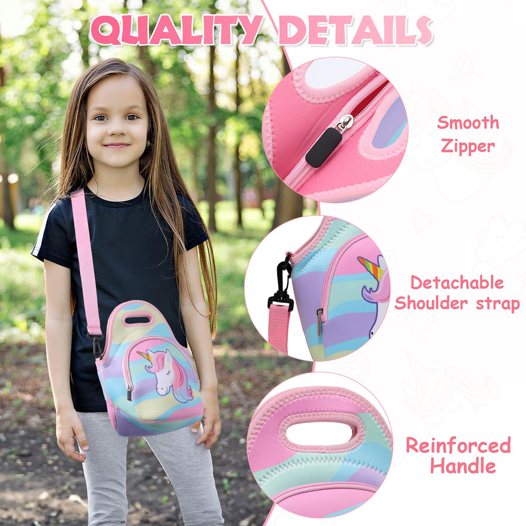 Lunch Bag for Kids, Chasechic Cute Lightweight Neoprene Insulated Lunch Boxes Tote with Detachable Adjustable Shoulder Strap (Unicorn)