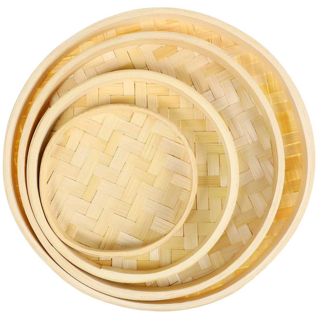 4pcs Woven Bamboo Tray Basket Round Flat Shallow Basket Wall Art Ornament for DIY Drying Food Fruit Basket Kitchen Wall Hanging Decorations