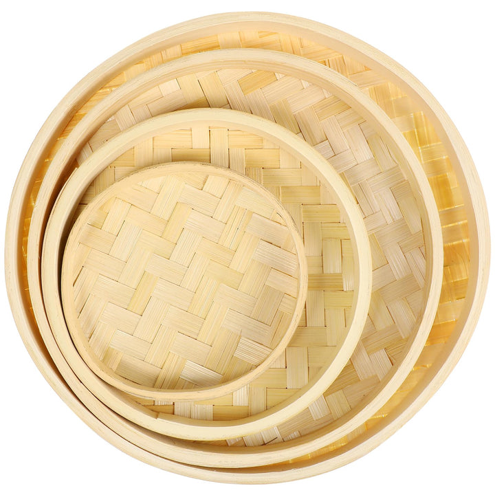 4pcs Woven Bamboo Tray Basket Round Flat Shallow Basket Wall Art Ornament for DIY Drying Food Fruit Basket Kitchen Wall Hanging Decorations