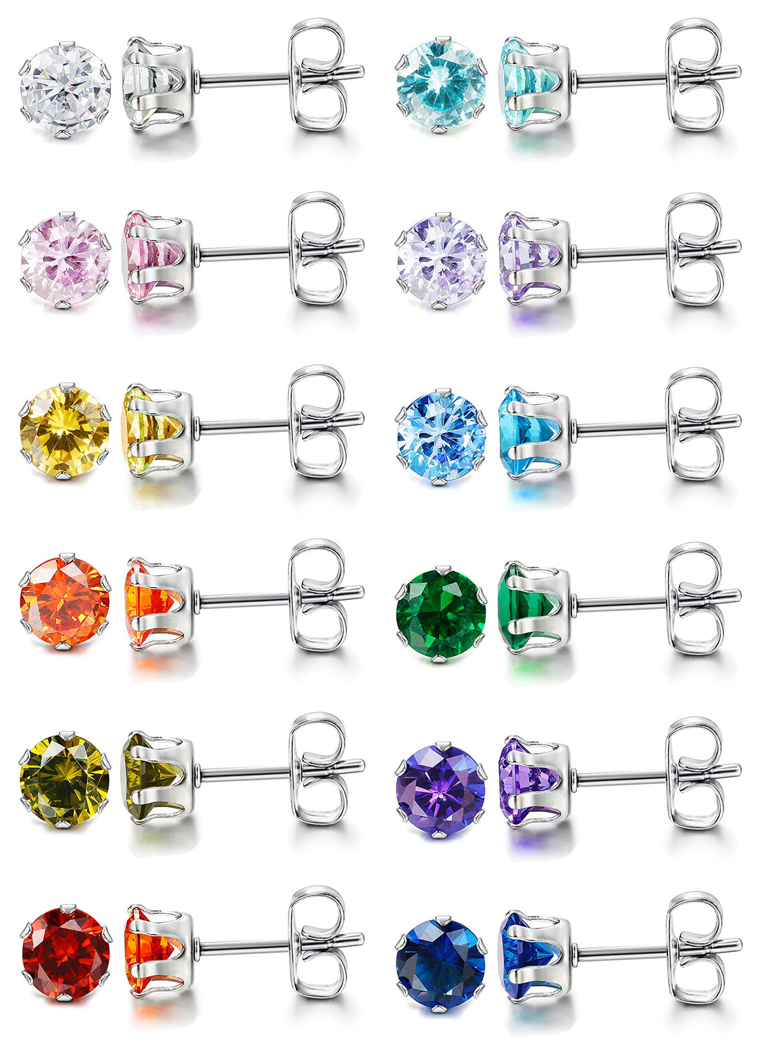 12 Pairs Stainless Steel Brilliant Cut Round Cubic Zirconia Birthstone Stud Earrings for Women 5mm
