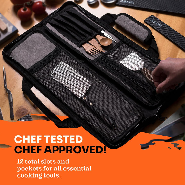 Chef Knife Roll Bag - 12 Pockets for Knives and Kitchen Utensils - Lightweight, Durable, and Stain Resistant Nylon - Perfect for the Traveling Chef - Knives not Included