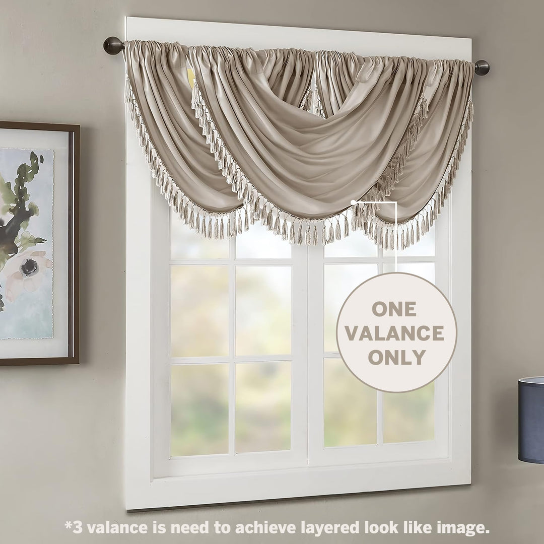 Elena Waterfall Embellished Rod Pocket Valance , Faux Silk Valances for Window , 38X46 , Champagne
