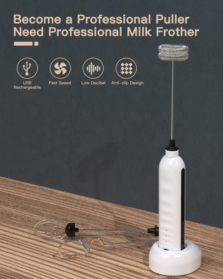Milk Frother Handheld, USB Rechargeable Milk Foam Maker with 3 Stainless Whisks, Mini Blender Mixer 3 Speeds Adjustable for Coffee, Latte, Cappuccino, Matcha, Hot Chocolate, Egg, White