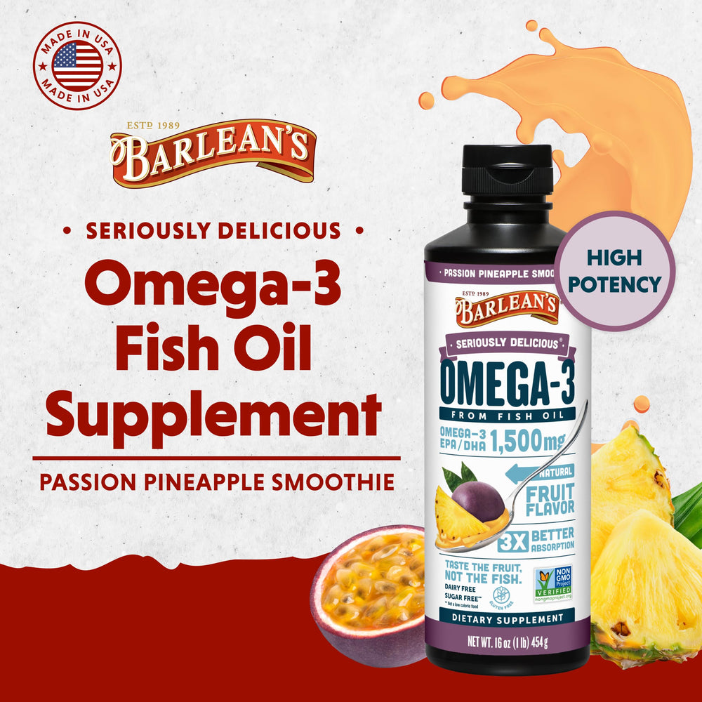 Passion Pineapple High Potency Omega 3 Fish Oil Liquid Supplement, 1500mg EPA & DHA Fatty Acid, Smoothie Flavored & Burpless for Brain, Joint, & Heart Health, 16 oz