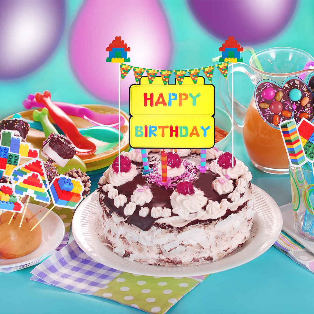 34 Pieces Building Block Themed Happy Birthday Cake Toppers Cupcake Building Block Cake Banners Building Block Birthday Decorations for Birthday Party Supplies