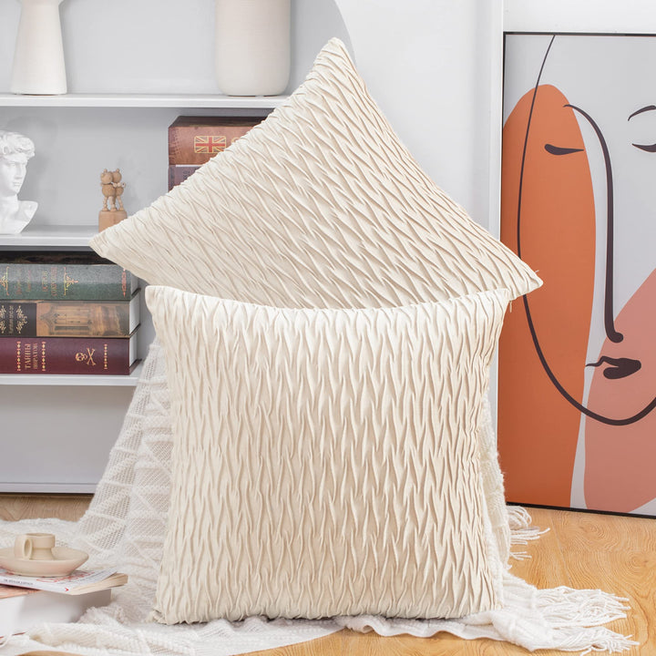 Set of 2 Super Soft Velvet Decorative Throw Pillow Covers 24x24 inch Beige Square with Texture Luxury Style Cushion Case European Pillow Shell for Sofa Bedroom