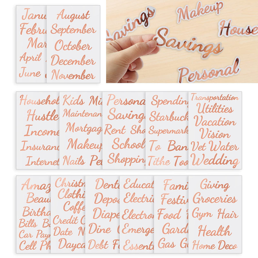 80 Cash-Envelope Budget Category Stickers - Rose Gold Vinyl Decals, Budget Binder Labels for Finance Planner & A6 Cash Binder, Budgeting Category Letter Stickers for Budget Wallet, Money Organizer