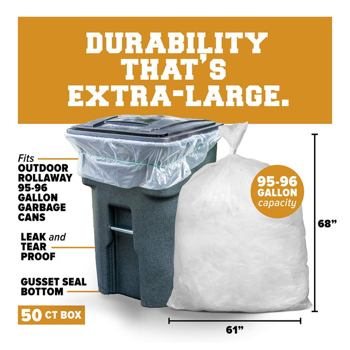 95 Gallon Trash Bags, 1.5 Mil, Clear, 50 / Case