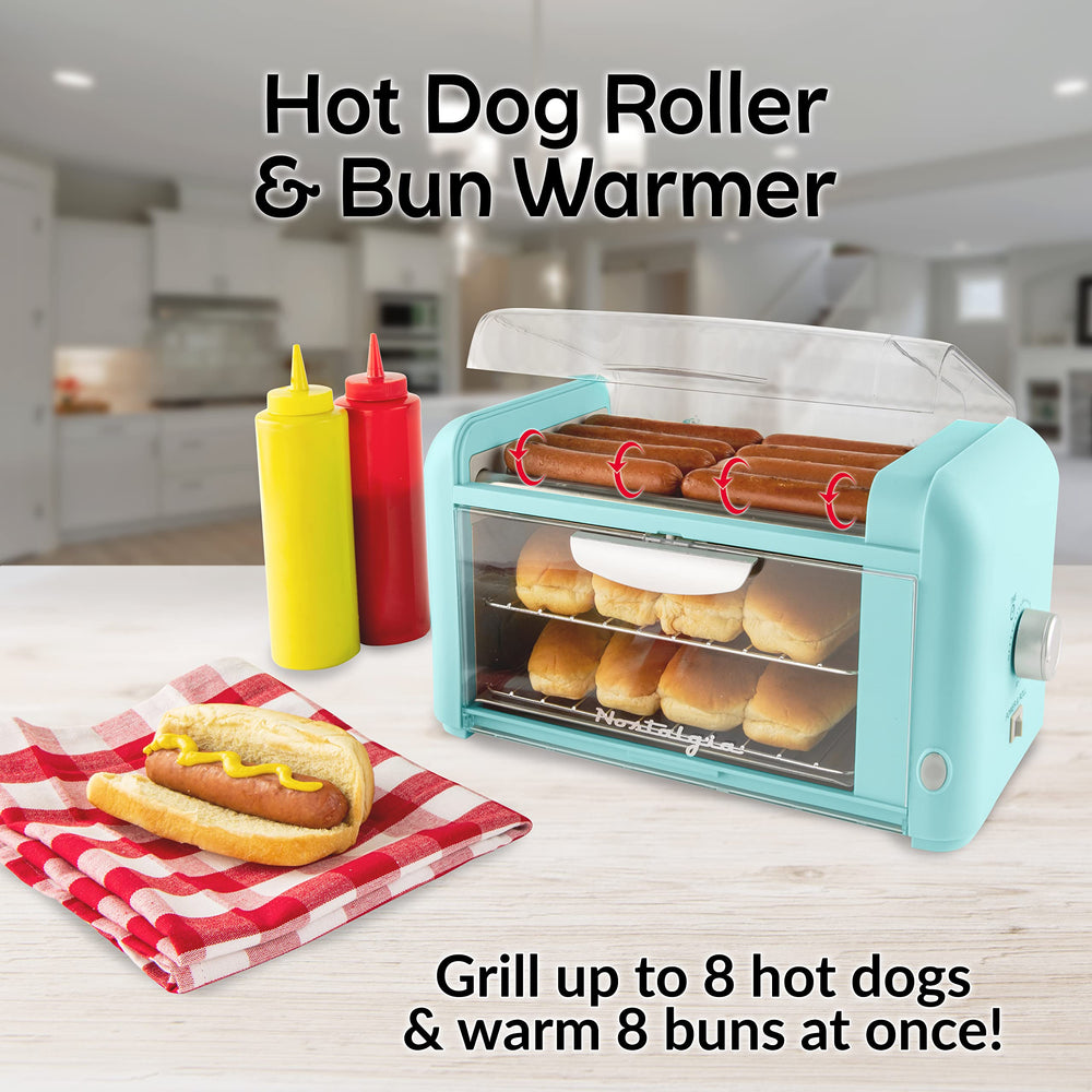 Extra Large 8 Hot Dog Roller & 8 Bun Warmer, Stainless Steel Grill Rollers, Non-stick warming racks, Perfect For Hot Dogs, Egg Rolls, Veggie Dogs, Sausages, Brats, Adjustable Timer, Aqua, 2 Slots
