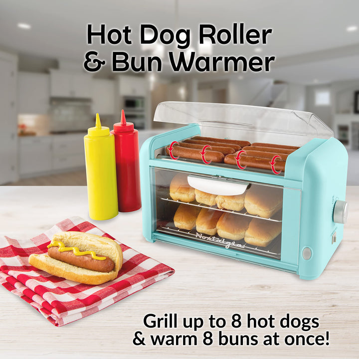 Extra Large 8 Hot Dog Roller &amp; 8 Bun Warmer, Stainless Steel Grill Rollers, Non-stick warming racks, Perfect For Hot Dogs, Egg Rolls, Veggie Dogs, Sausages, Brats, Adjustable Timer, Aqua, 2 Slots