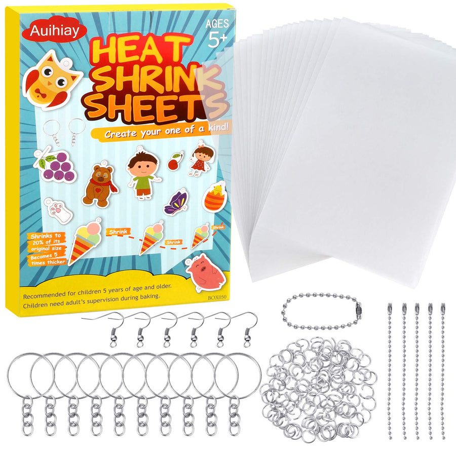 145 Pieces Shrink Plastic Sheet Kit Include 20 PCS Shrinky Paper with 125 PCS Keychains Accessories for Kids Creative Craft