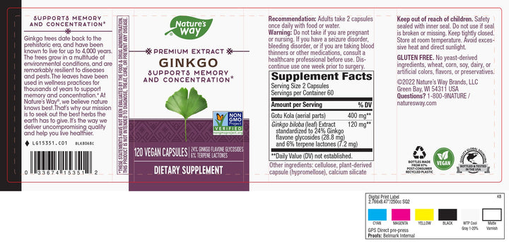 Nature&#39;s Way Premium Extract Ginkgo, Memory and Concentration*, 120 Capsules