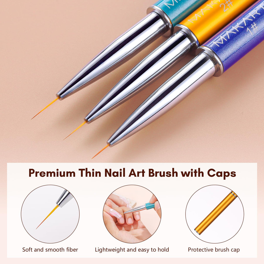 3Pcs Nail Art Liner Brush UV Gel Painting Nail Brush Pen Set Metal Diamond Acrylic Handle
