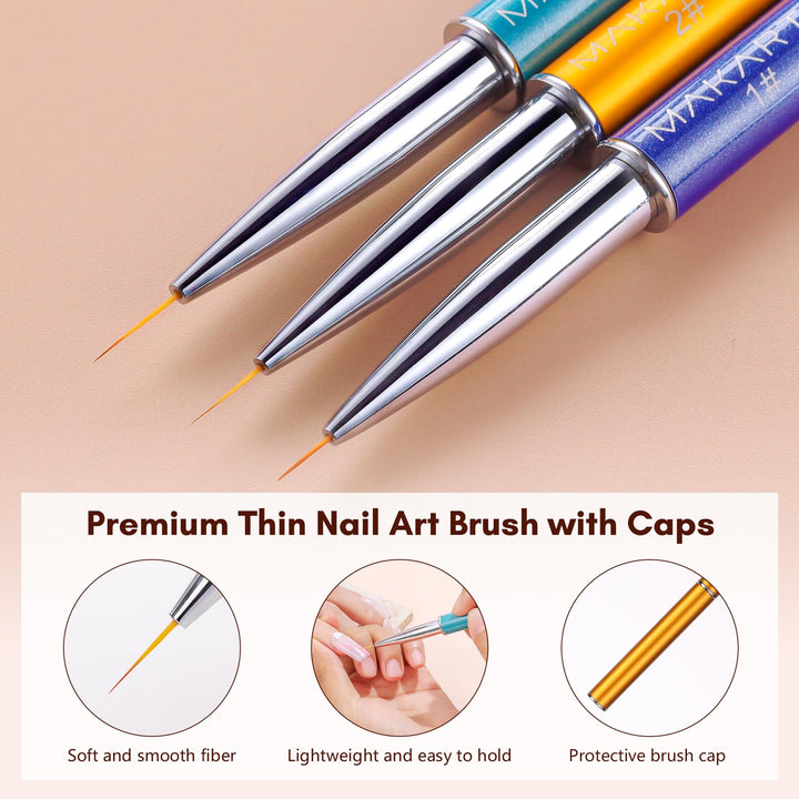 3Pcs Nail Art Liner Brush UV Gel Painting Nail Brush Pen Set Metal Diamond Acrylic Handle