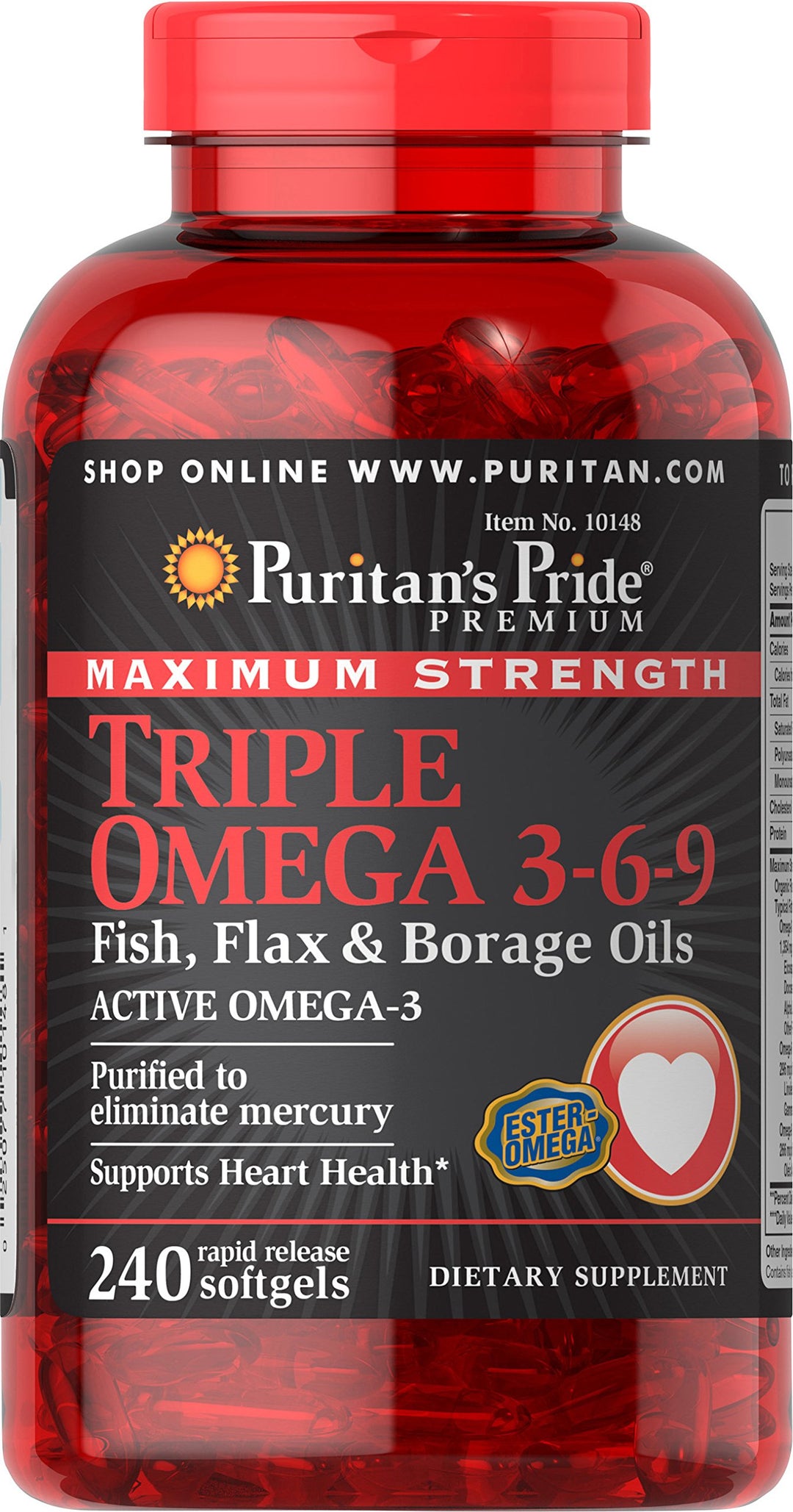 Puritan&#39;s Pride Triple Omega 3-6-9 Fish, Flax and Borage, supports healthy joints Yellow 240 Count (Pack of 1)