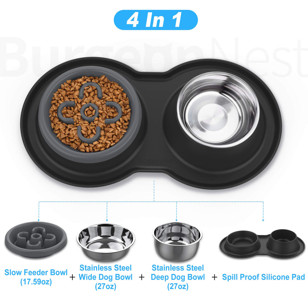 Slow Feeder Dog Bowls,27oz 4-in-1 Food and Water Bowls with No-Spill and Non-Skid Silicone Mat, Stainless Steel Slow Down Eating Puzzle Set for Medium Small Sized Dogs