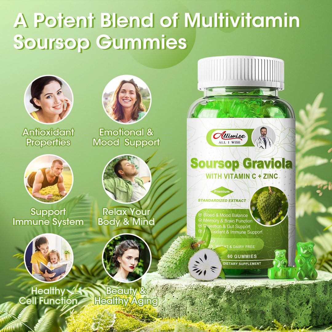 2 Pack Soursop Graviola Gummies Supplement, Original Soursop Leaves Extract with Vitamins C &amp; Zinc for Women &amp; Men, Multivitamin Soursop Fruit Supplement for Immunity &amp; Antioxidant &amp; Energy