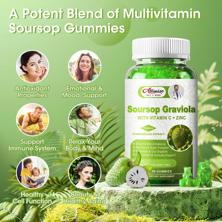 2 Pack Soursop Graviola Gummies Supplement, Original Soursop Leaves Extract with Vitamins C &amp; Zinc for Women &amp; Men, Multivitamin Soursop Fruit Supplement for Immunity &amp; Antioxidant &amp; Energy