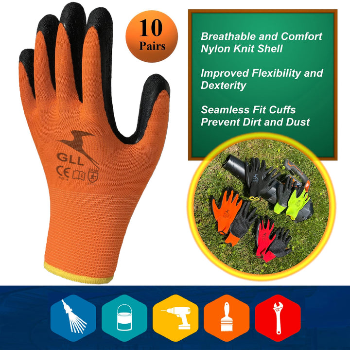 Rubber Coated Safety Work Gloves - 10-Pair Pack, Firm Grip, General Purpose, Repairing and Construction, for Men and Women (Size Large Fits Most, Orange)