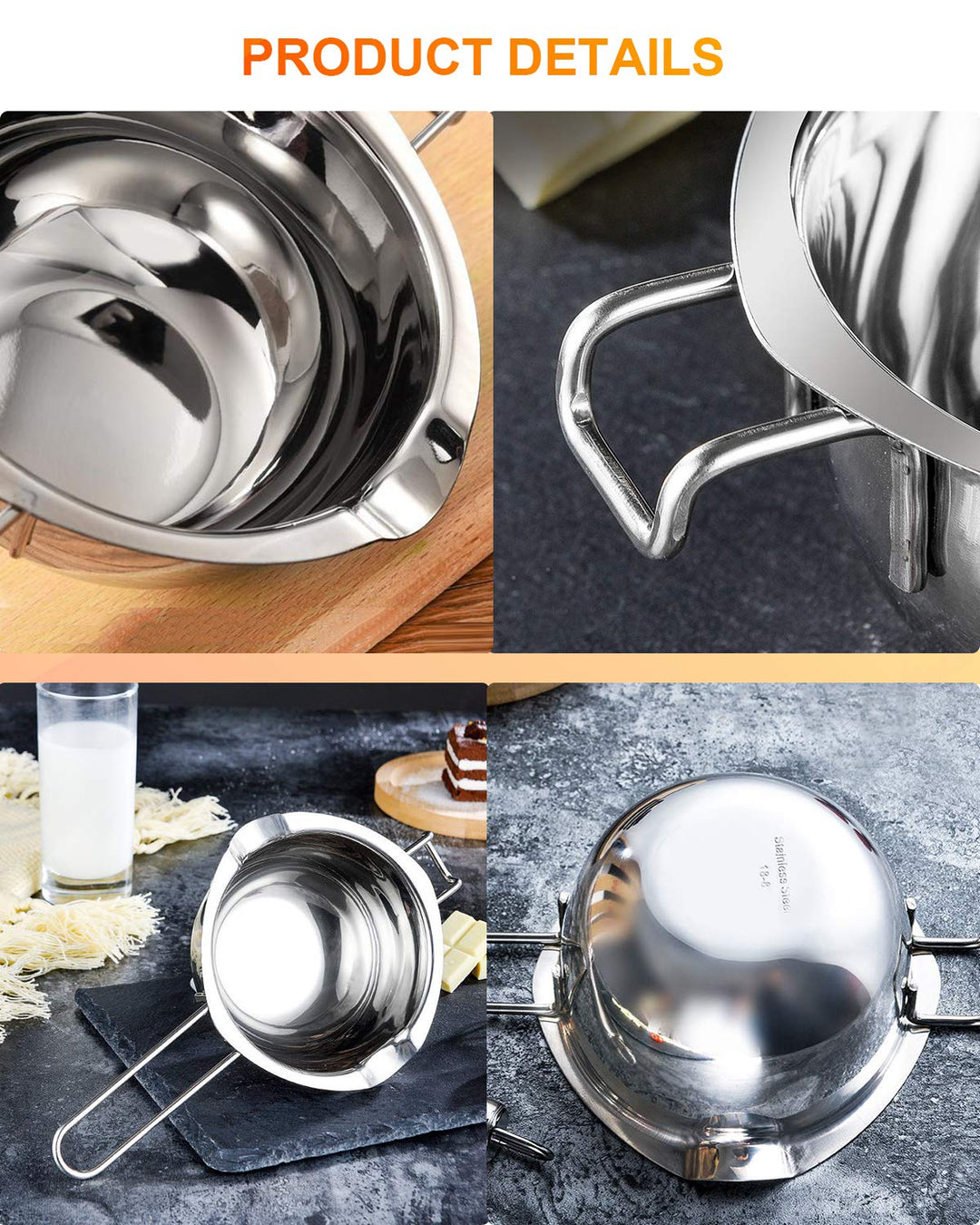 Stainless Steel Double Boiler Pot with 600ML for Melting Chocolate, Candy and Candle Making (18/8 Steel, Universal Insert)
