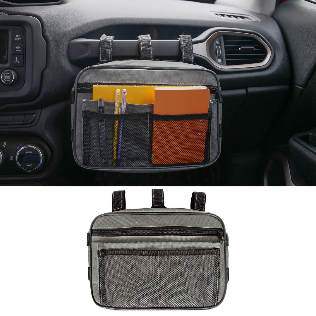 Passenger Grab Handles Storage Bag Fits for 1965-2017 Jeep Wrangler JK TJ YJ CJ MINGLI &amp; 2020 Jeep Gladiator JT, Multi-purpose Storage Pouch Organizer, Mesh Polyester Dash Tools Bag (Grey)