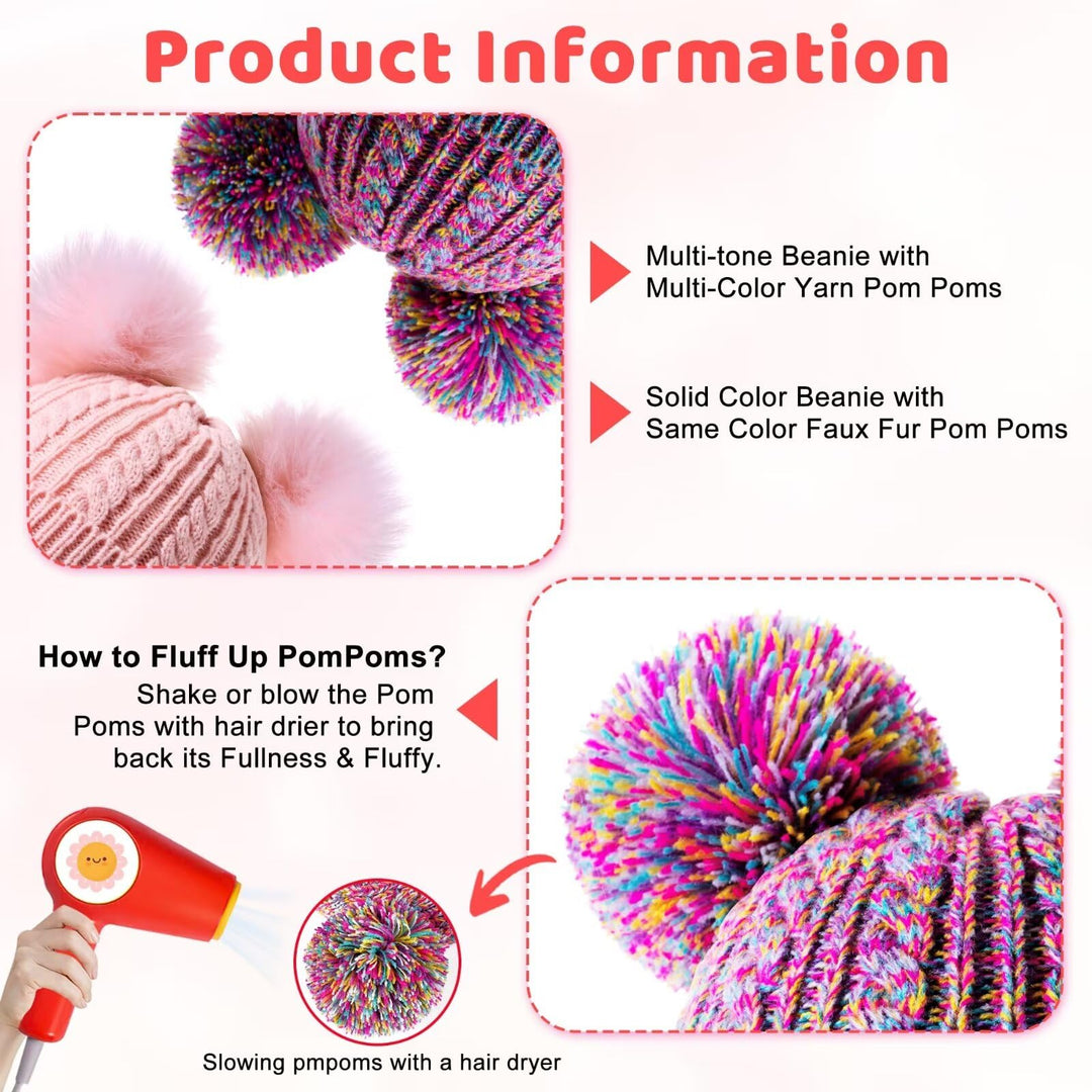 Winter Hat for Kids Toddler Children, Girls Beanie with Double Pom Pom Warm Thick Thermal Fleece Lined, Girls Accessories Cute Knit Beanies Cap for Cold Weather(Rainbow)