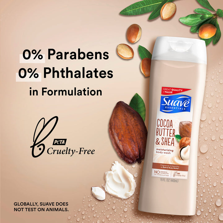 Suave Essentials Body Wash Creamy Cocoa Butter and Shea For Hydrated, Smooth Skin Infused with Vitamin E 15 oz