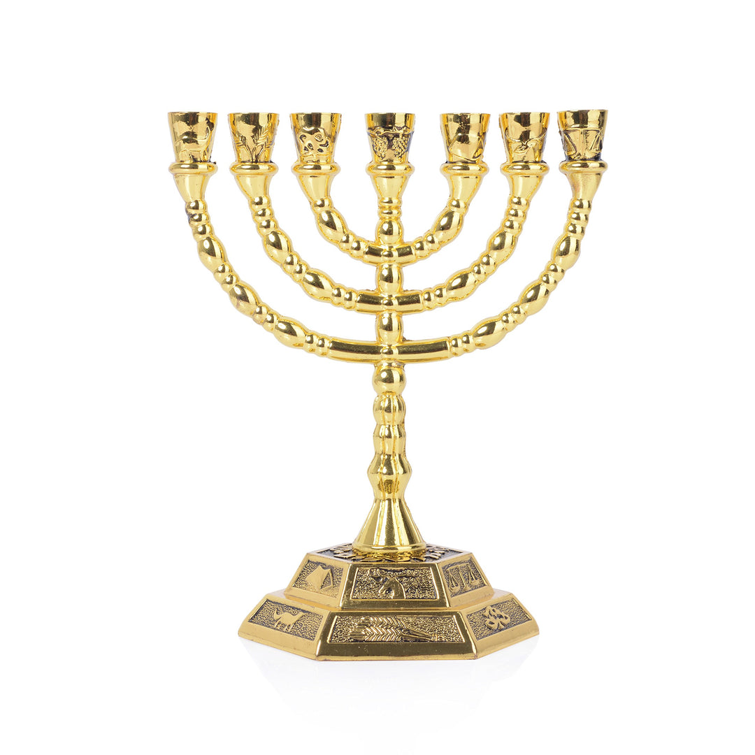 12 Tribes of Israel Menorah, Jerusalem Temple 7 Branch Jewish Candle Holder (8 Inches, Gold)