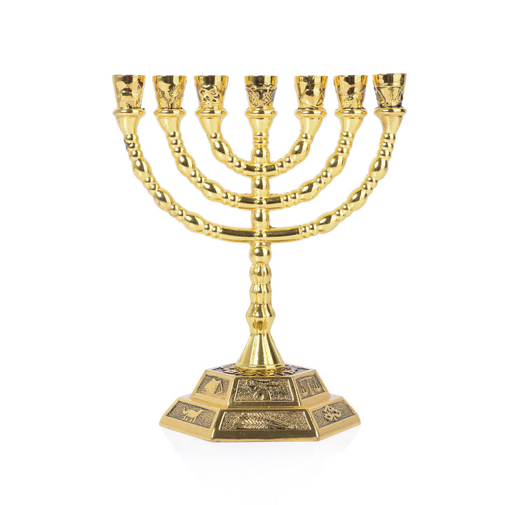 12 Tribes of Israel Menorah, Jerusalem Temple 7 Branch Jewish Candle Holder (8 Inches, Gold)