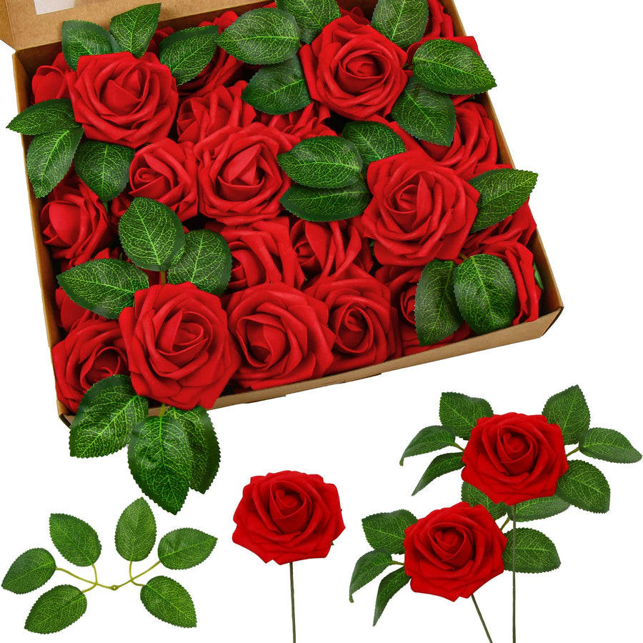 Red Artificial Rose Flowers,30 Pcs Fake Flowers with Stem in Bulk for Wedding Centerpieces,DIY Bouquets,Bridal Shower Party and Home Floral Arrangement Decorations