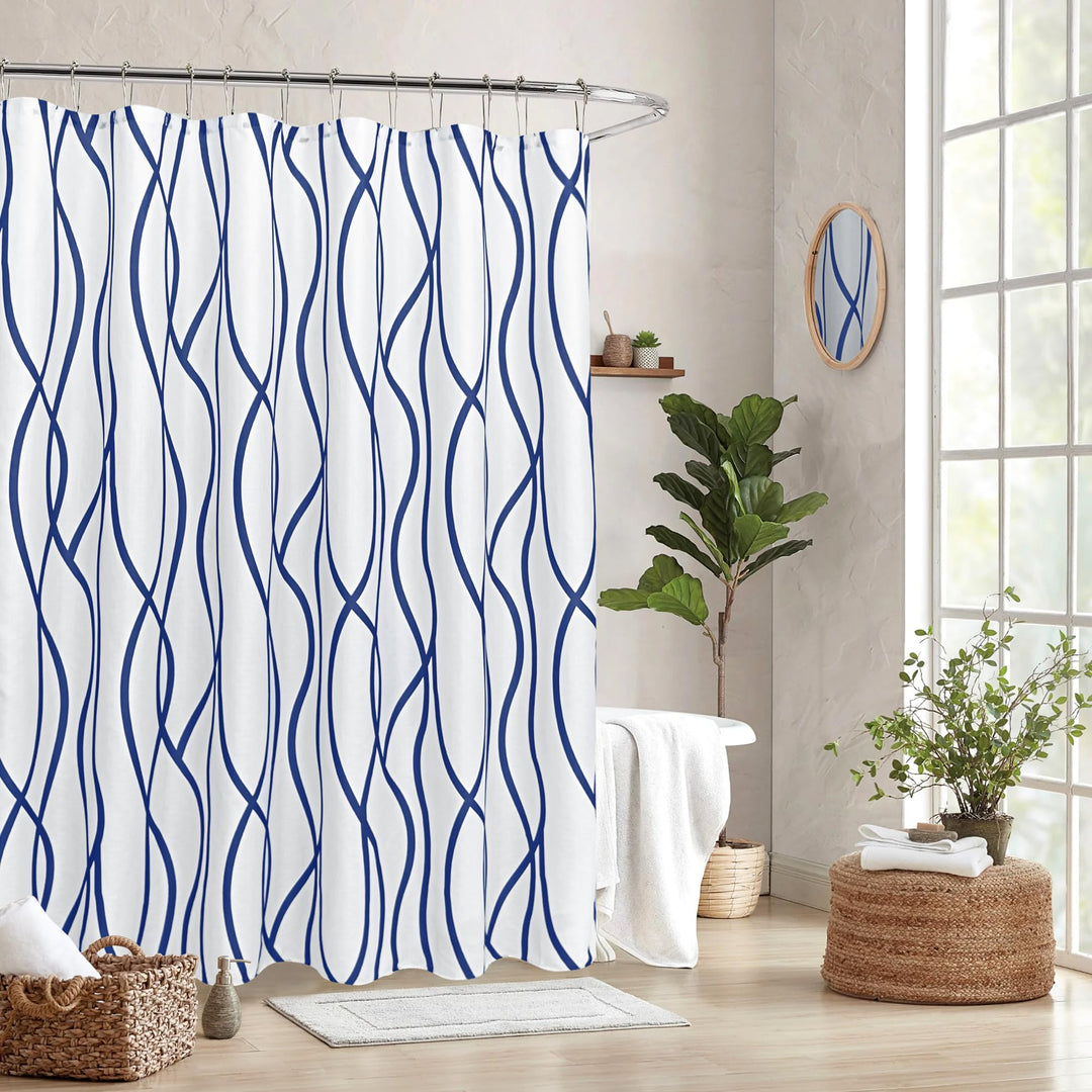 Extra Long Textured Fabric Shower Curtain 72 W x 84 L, Navy Striped Printed Linen Modern Hotel Luxury Quality Cloth Bathroom Curtains Machine Washable
