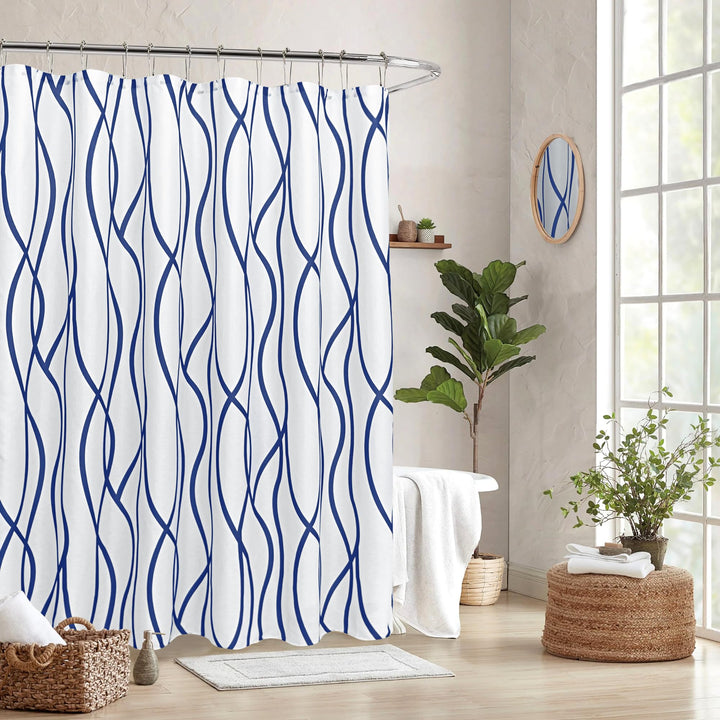 Extra Long Textured Fabric Shower Curtain 72 W x 84 L, Navy Striped Printed Linen Modern Hotel Luxury Quality Cloth Bathroom Curtains Machine Washable