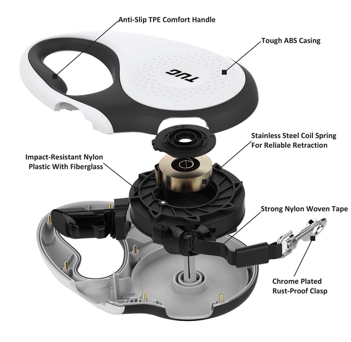 360° Tangle-Free Retractable Dog Leash | 16 ft Strong Nylon Tape | One-Handed Brake, Pause, Lock (Large, White)