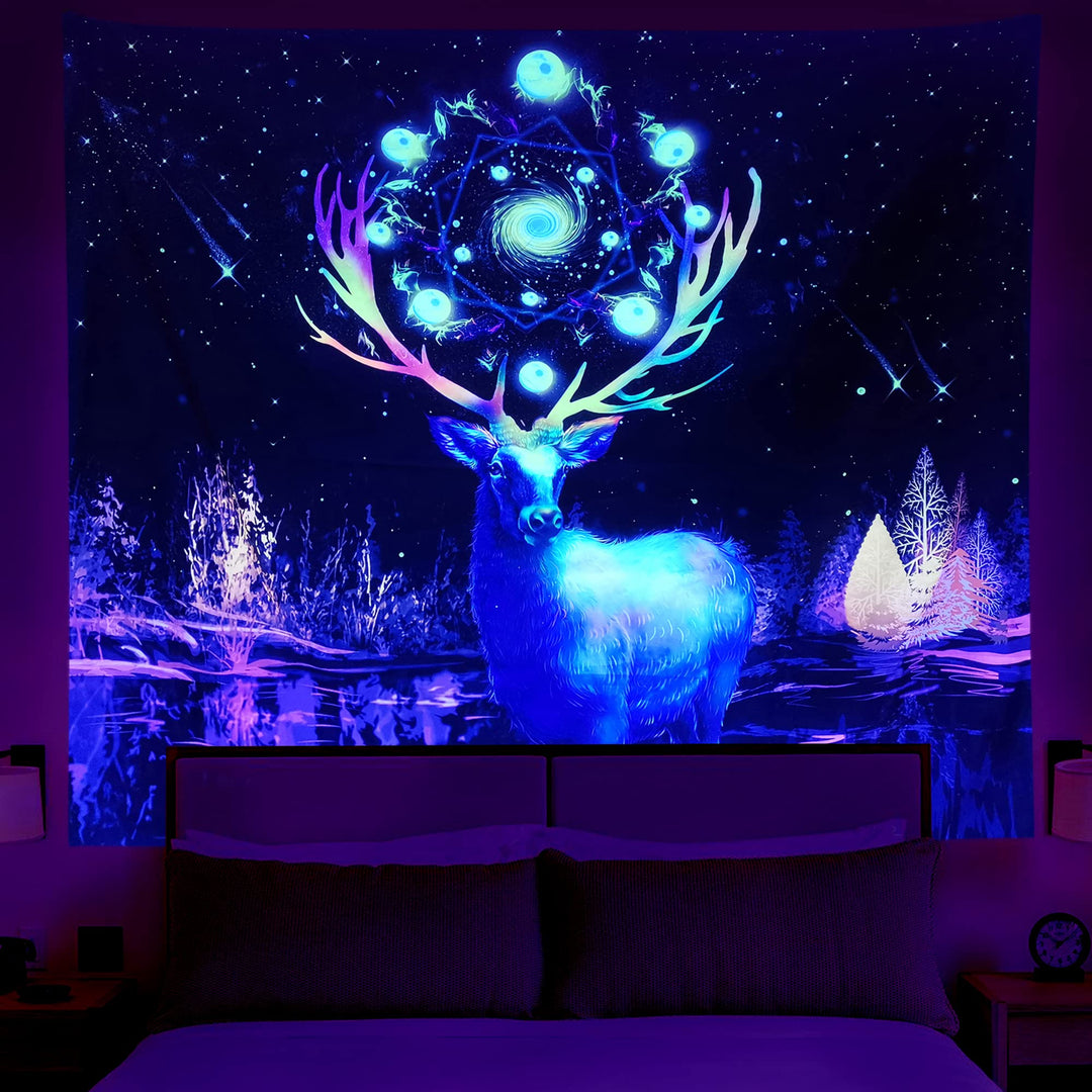 EKOFECK Blacklight Deer Tapestry, UV Reactive Stars Tapestry Glow in the Dark Party Backdrop, Black Light Magic Tapestries Wall Hanging for Bedroom Aesthetic Decor 60x51 Inch