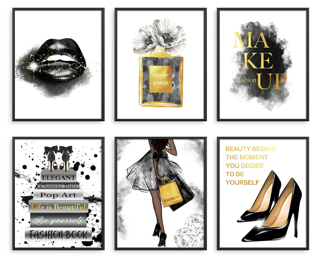 Glam Black Golden Fashion Wall Art Girls Room Decor Wall Black Golden Fashion Shopping lady Perfume Flower Book High Heels Posters Prints Women Decor Bedroom(8x10 inch Unframed, Black)