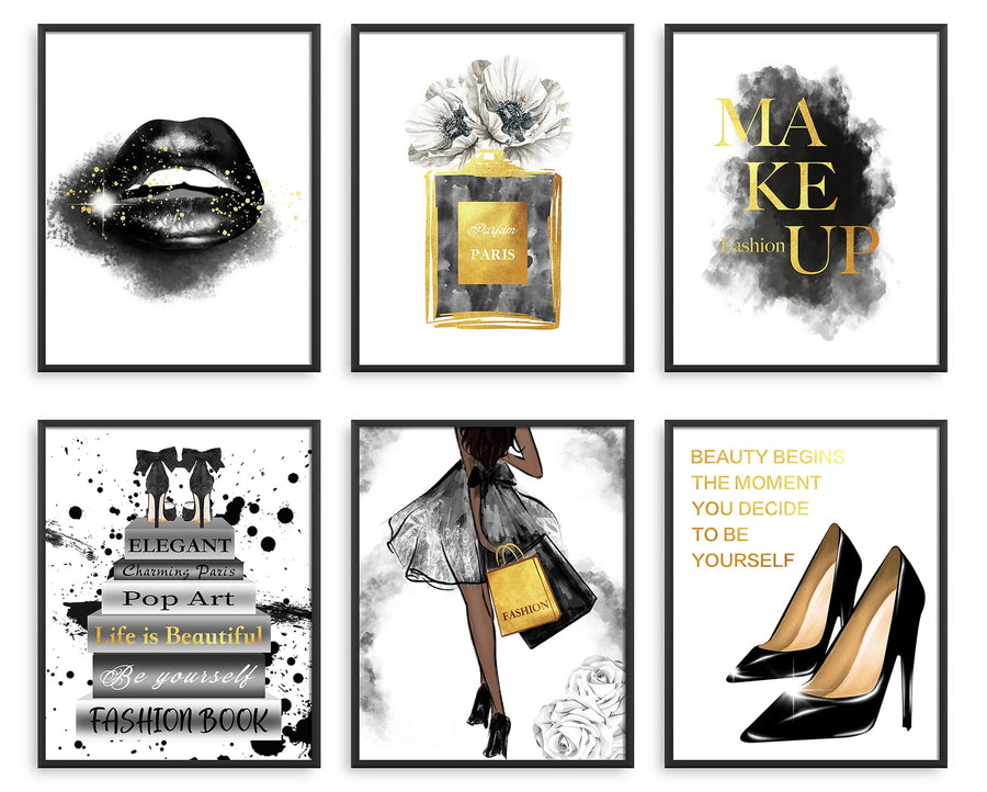 Glam Black Golden Fashion Wall Art Girls Room Decor Wall Black Golden Fashion Shopping lady Perfume Flower Book High Heels Posters Prints Women Decor Bedroom(8x10 inch Unframed, Black)