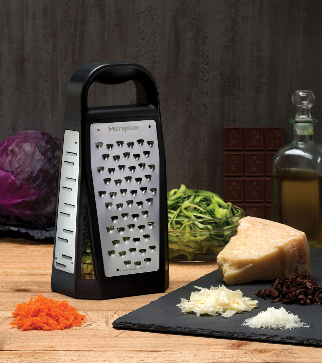 Elite Five Blade Box Grater with Measuring Cup Base, Five Grating Surfaces Including Fine, Coarse, Double-Sided Ribbon, Ultra-Coarse, and Slicer - Black