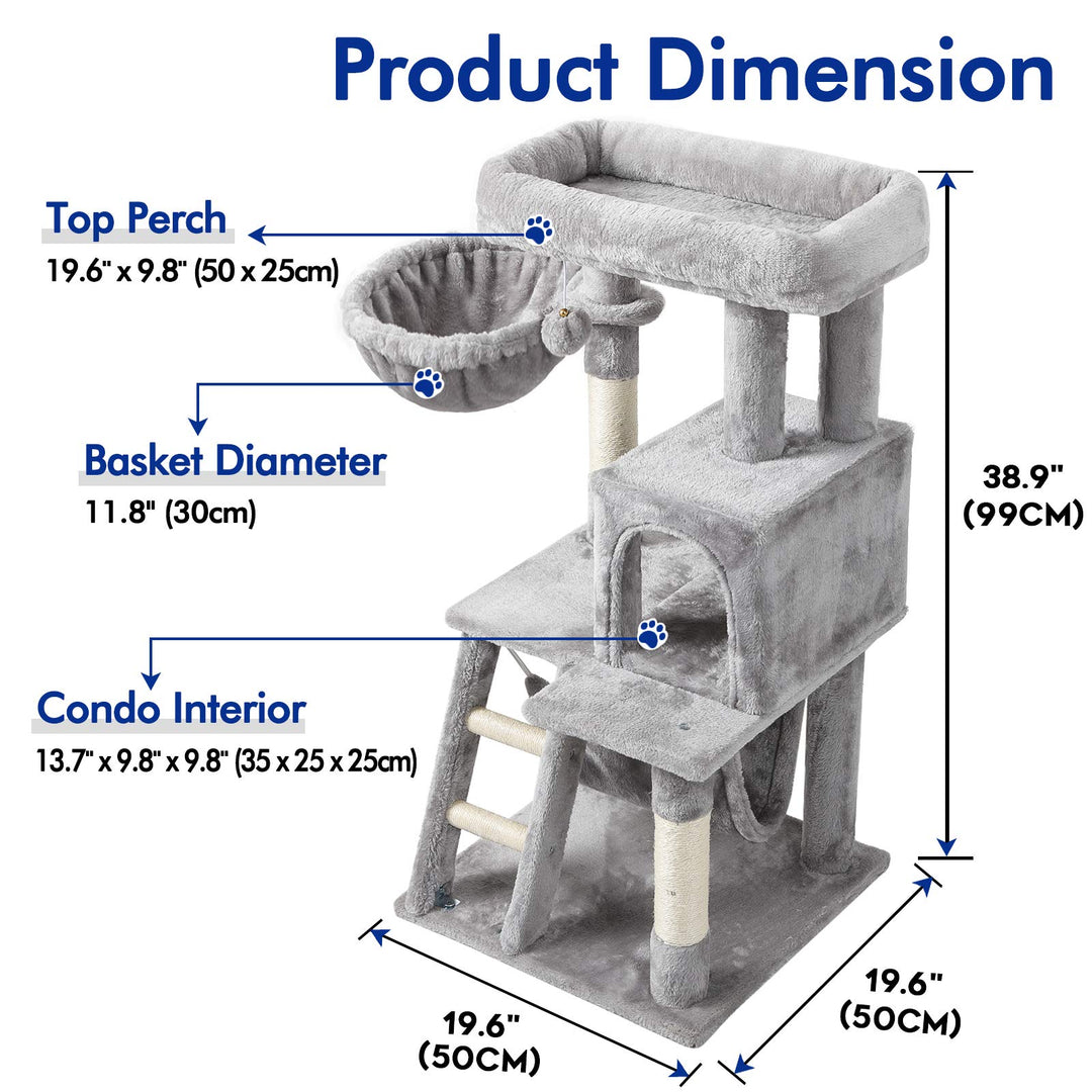 Cat Tree Cat Tower for Indoor Cats, Multi-Level Cat House Condo with Large Perch, Scratching Posts &amp; Hammock, Cat Climbing Stand with Toy for Small Cats Kittens Play Rest, 39 Tall, Gray