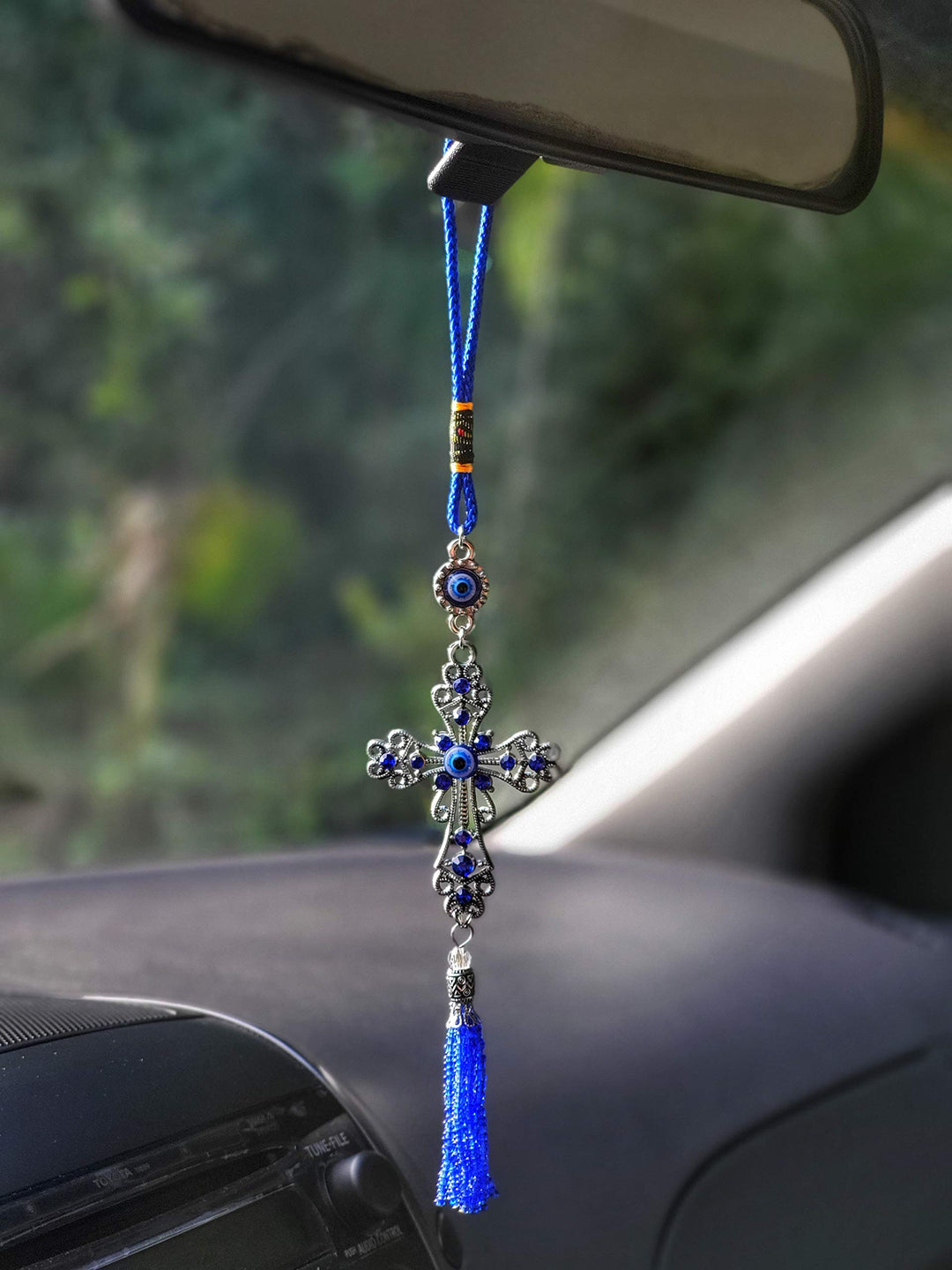 Luckboostium Cross Evil Eye Car Charm - Rear View Mirror Accessories - Evil Eye Crystal Cute Keychain - Evil Eye for Door or Home Office - for Good Luck and Protection