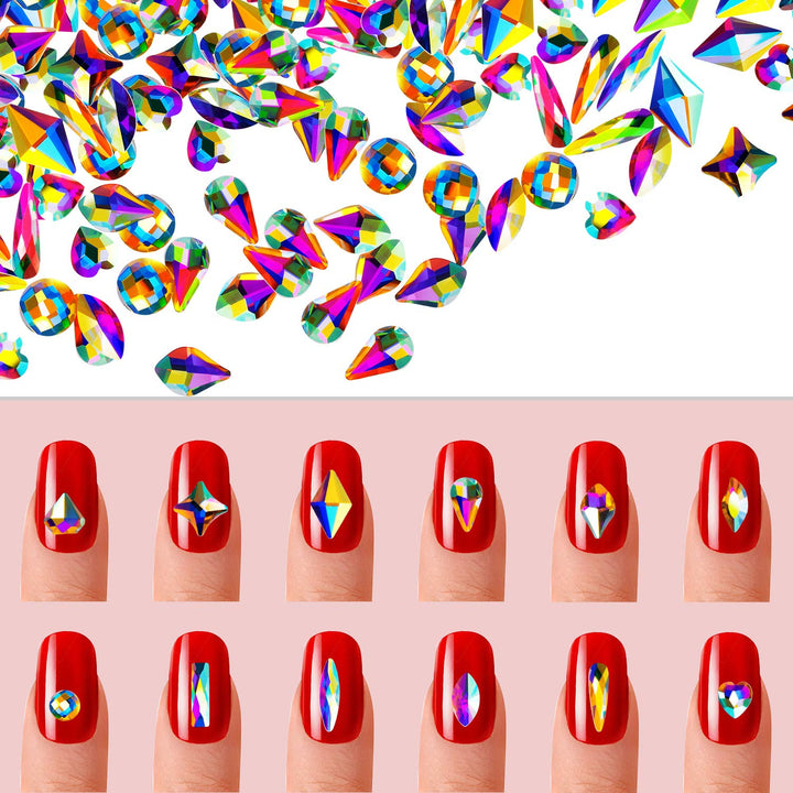 Multi Shapes AB Nail Diamond Flatback Rhinestones Crystals Nail Gems Mixed AB Nail Glass Crystals Stone jewels for Nail Clothes Shoes Bags Crafts Makeup (240 Pieces)