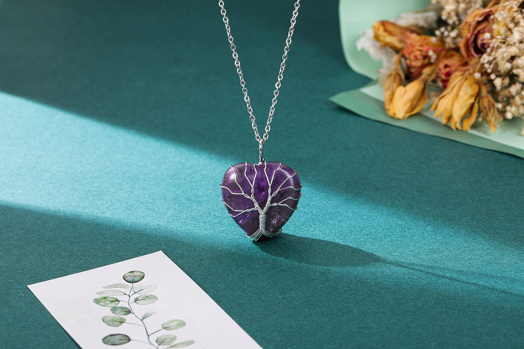 Natural Green Aventurine Healing Crystals Necklace Silver Tree Of Life Wire Wrapped Heart Shape Stone Pendant for Womens Girls Ladies
