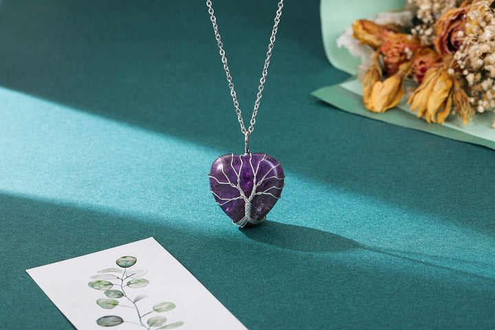Natural Green Aventurine Healing Crystals Necklace Silver Tree Of Life Wire Wrapped Heart Shape Stone Pendant for Womens Girls Ladies