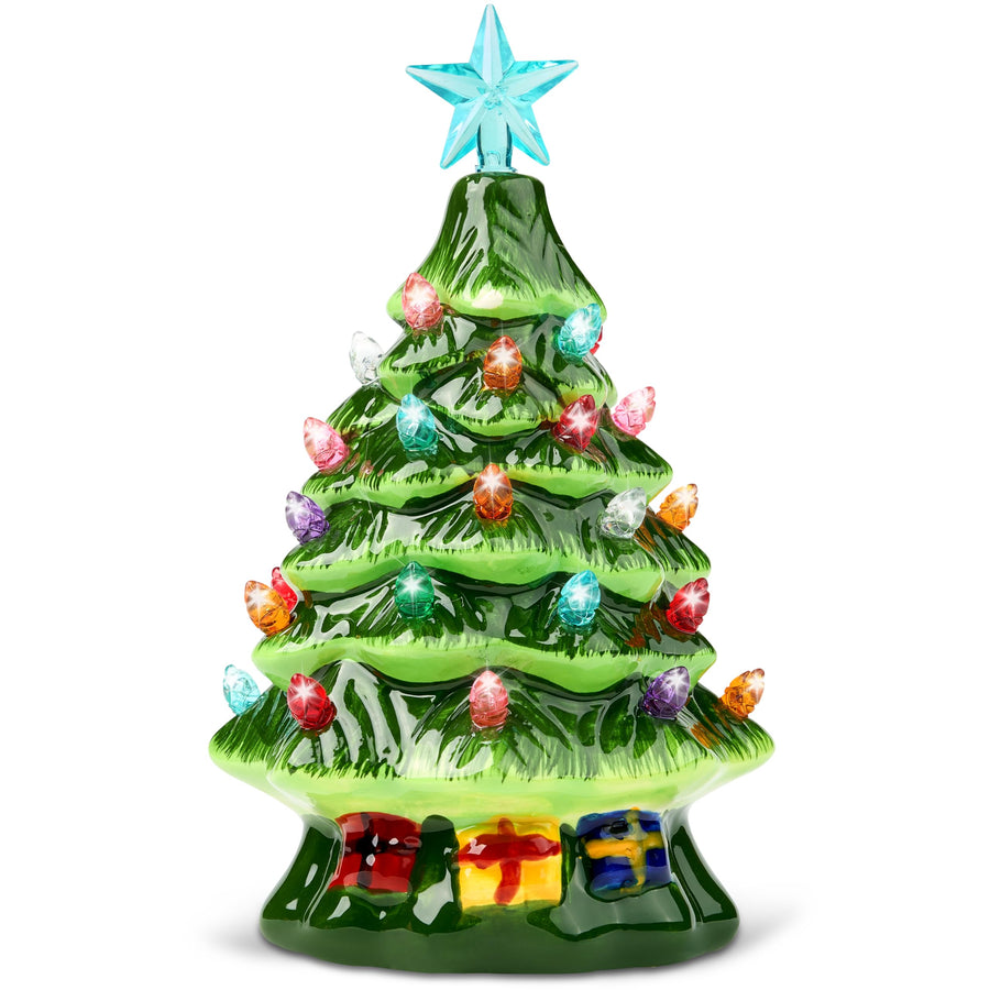 7 Ceramic Christmas Tree with Gift Box, Mini Prelit Tabletop Christmas Tree with Multicolored Bulbs for Best Desk Decoration
